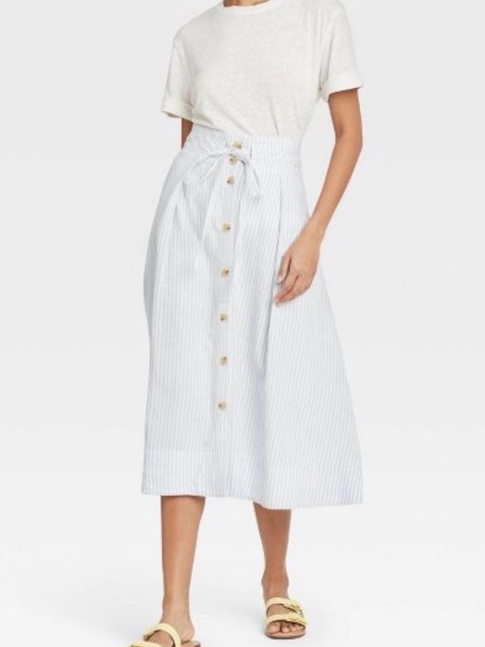 a new day White and Light Blue Striped Button-Front Midi Skirt size small